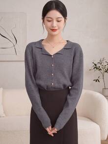Alicedudu Women's Minimalist French Collar Faux Placket Pullover, Autumn/Winter - Grey - View 1