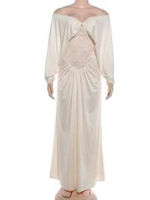 Kliou Elegant Lace Patchwork Dress Women Fashion Simple Ruched Slash Neck Batwing Sleeve Evening Party Club Long Bodycon - White - View 9
