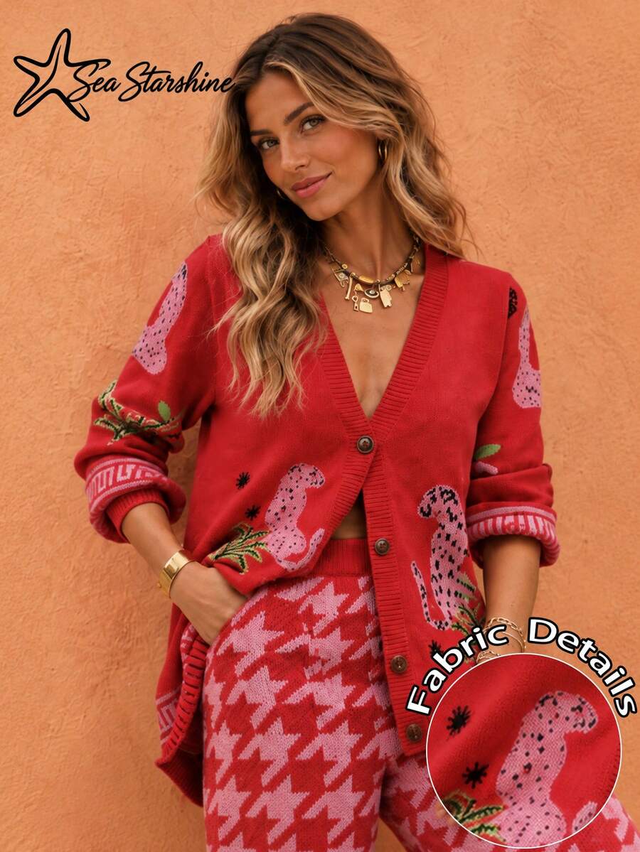 Women's Casual/Commute Sun Hat, Leopard Print Long Sleeve Crew Neck Cardigan With Amber Buttons, Autumn/Winter Red Fall - Red - View 1