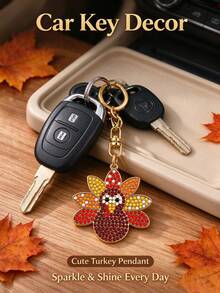 Turkey Keychain, Thanksgiving Turkey Pendant, Sparkling Rhinestone Key Chain, Gold Metal Key Ring, Autumn Bag Decoration, Car Key Charm, Thanksgiving Holiday Gift - Multicolor - View 4