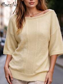 Women's Plus Size Soft Fluffy Cold Shoulder Knit Top, Short Sleeve Textured Sweater, Autumn Office Casual Slim Fit Fashion Outfit - Khaki - View 3