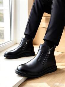 Men's Black Chelsea Boots, Autumn/Winter New British Style Round Toe Ankle Boots, Thick Sole Business Casual Boots, Versatile Commuter Boots - Black - View 6