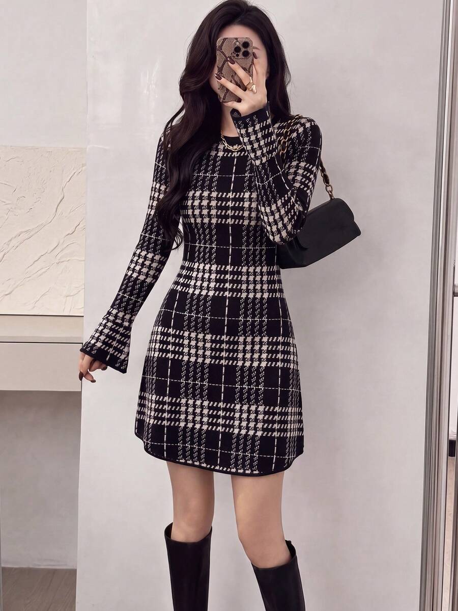 Women's New Knitted Plaid Short Sweater Dress, Long Sleeve Slim Fit, Suitable For Autumn/Winter Wear - Black - View 1
