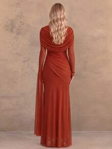 Solid Color Elegant Spliced Mesh Draped Evening Gown For Party And Formal Dinner - Rust Brown - View 6