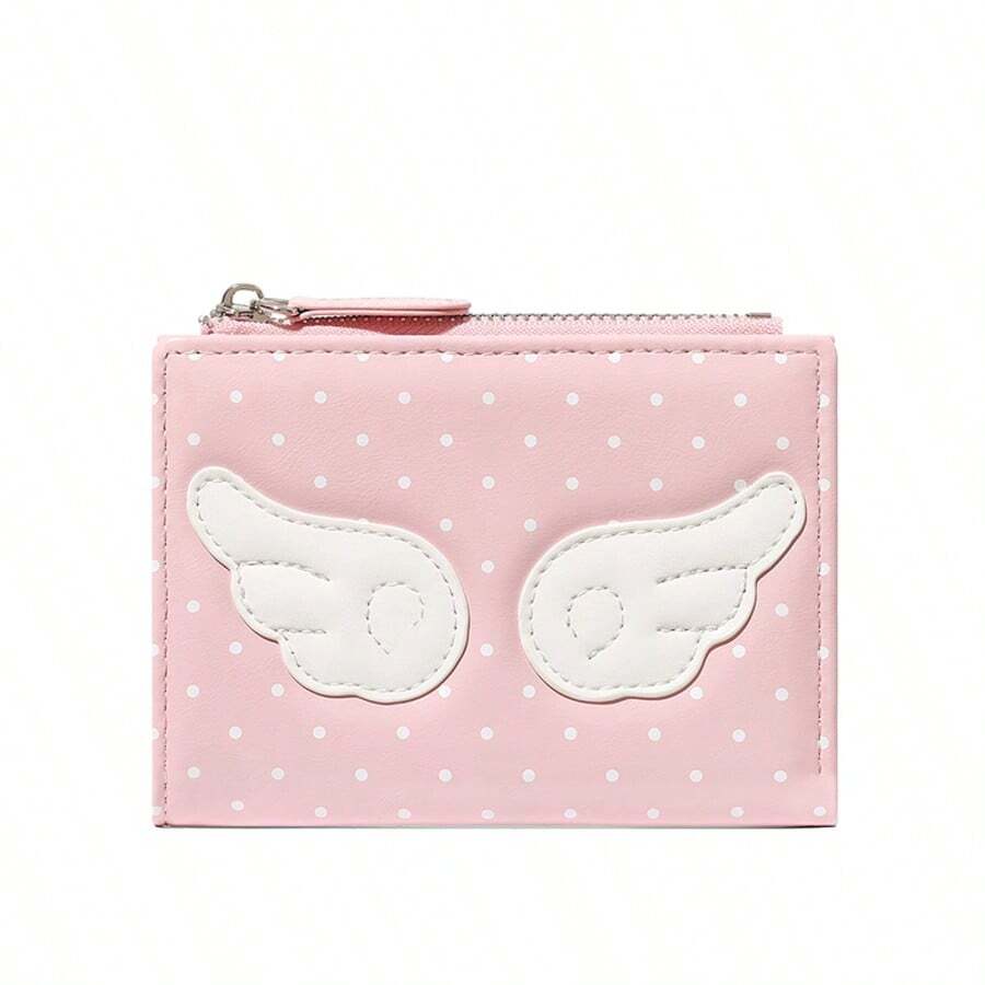 Wrist Wallet, Sweet Angel Wings Polka Dot Bi-Fold PU Wallet, Multiple Card Slots ID Window Zipper Coin Pocket, Portable Fashion Daily Wallet