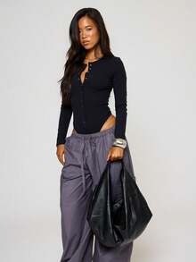Black PU Leather Large Lazy Tote Bag, Autumn/Winter Street Style - Black - View 2
