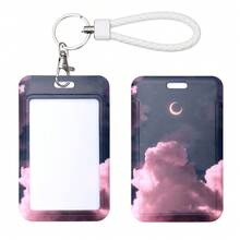 1pc ID Card Badge Holder Key Chain With Metal Keyring, Plastic Slide Open With ID Window For Women Men Girls Students, Cloud & Moon Pattern, Christmas - A - View 4