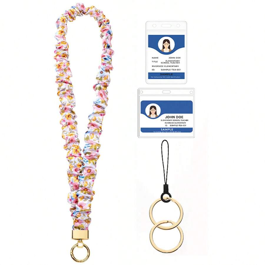 1pc-Floral Scrunchie Fabric Long Neck Lanyard, Anti-Lost Strap For Phone, ID Badge, Card Holder & Keys - C-multicolor - View 1