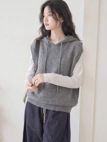 Women's Solid Color Minimalist Casual Hooded Pullover Knit Sweater Vest Top, Autumn/Winter Fall - Grey - View 1