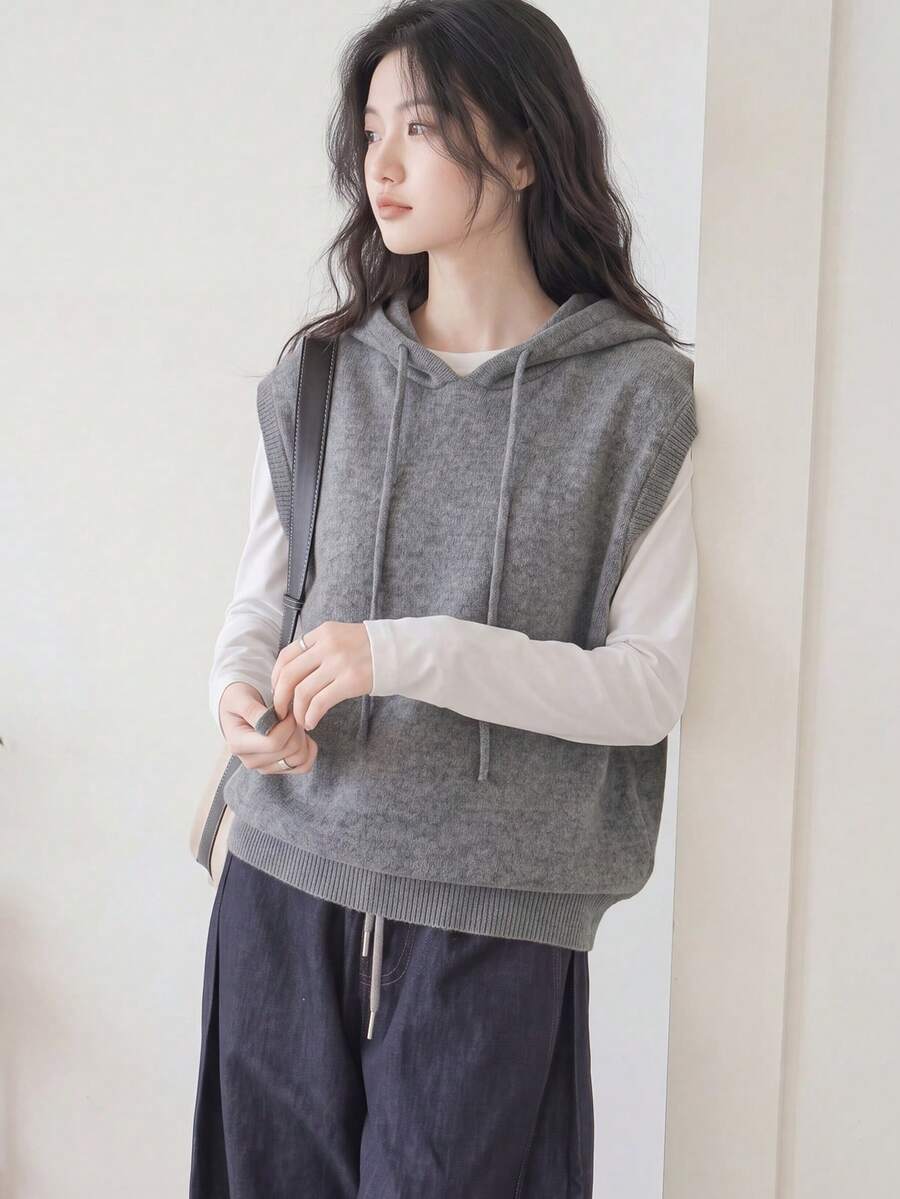 Women's Solid Color Minimalist Casual Hooded Pullover Knit Sweater Vest Top, Autumn/Winter Fall - Grey - View 1