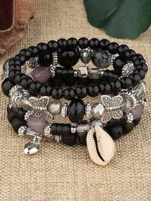 4 Pcs Bohemian Style Vacation Fashion Rice Bead Wood Bead Beaded Butterfly Shell Pendant Bracelet Set For Women Casual Versatile Bracelet Combination - Black - View 2
