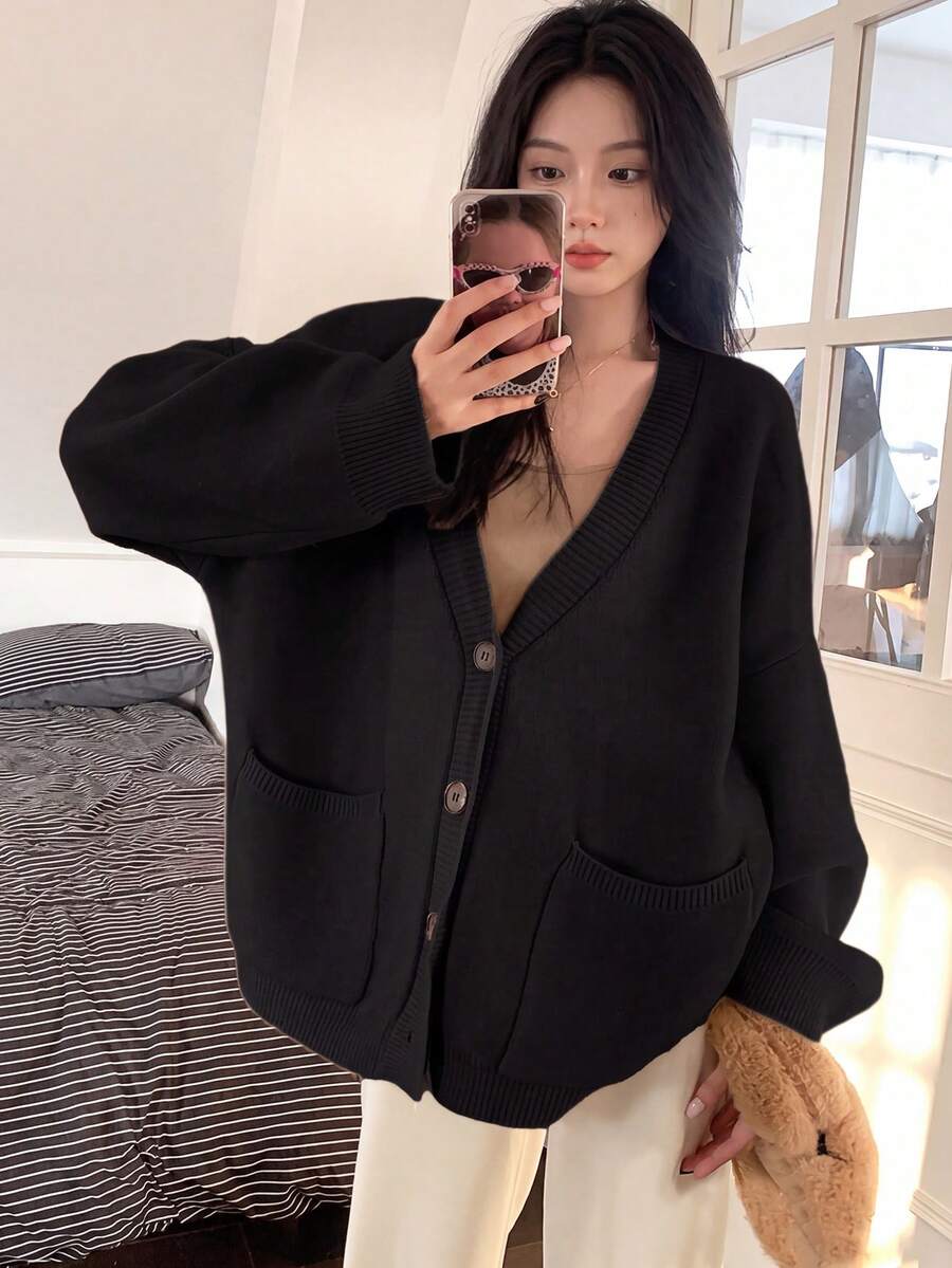 Women's Solid Color Pocket Casual Loose Knit Cardigan Sweater, Autumn/Winter Black Fall - Black - View 1