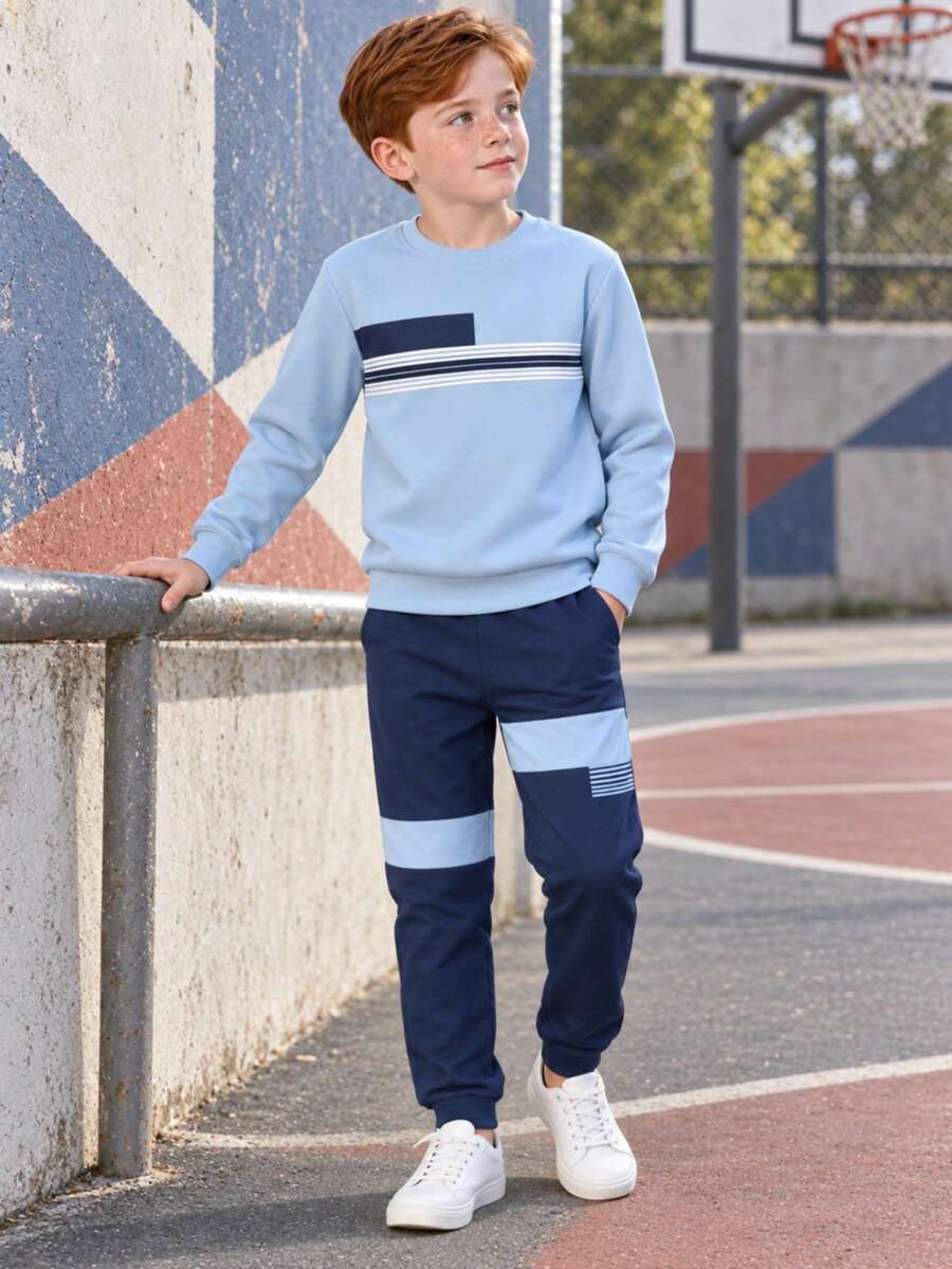 Boys' 2-Piece Set, Light Blue Round Neck Striped Top With Navy Blue Colorblock Jogger Sweatpants, Simple Daily Commute Student Versatile Casual Outfit, Autumn/Winter - Blue - View 1