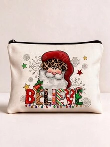 1pc Santa Claus Print Linen Zipper Pouch, Cute Cartoon Hand-Drawn Pattern With Christmas Hat, Sunflower, Snowflake And Gift Box Elements, Portable Flat Handbag, Large Capacity Storage Bag For Cosmetics, Lipstick, Stationery, Data Cable, Keys And Coins, Lightweight And Durable, Zipper Closure To Prevent Items From Falling Out - Multicolor - View 6