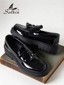 Salkin 新款英式設計男士粗齒厚底樂福鞋，流蘇厚底一腳蹬樂福鞋，平價奢華舒適圓頭優雅紳士正裝鞋，紳士商務漆皮亮面鞋，純色鞋面防滑耐磨增高厚底，日常休閒鞋，男士情侶約會出遊百搭派對宴會婚禮時尚新郎鞋，男士社交鞋，節日禮物，四季皆宜 - 黑色 - 查看 2