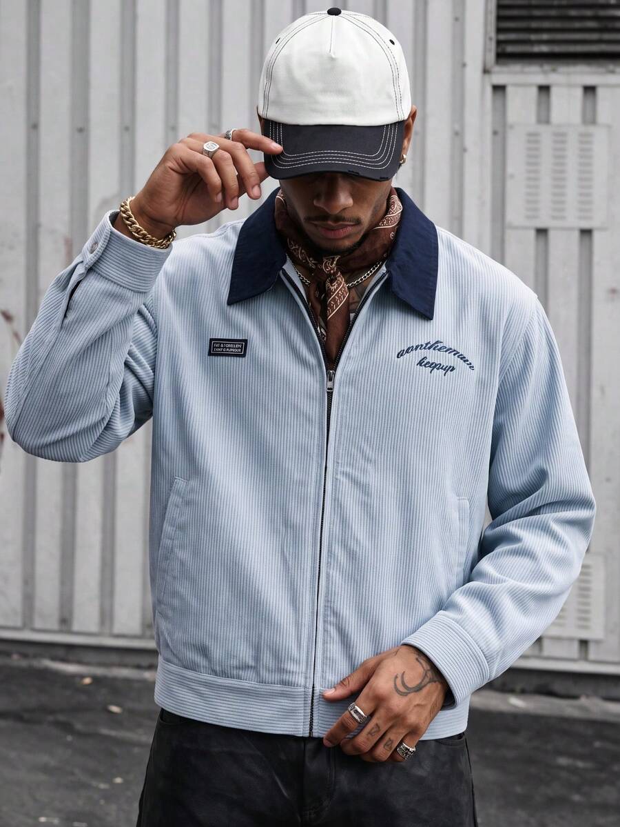 Men's Autumn/Winter Retro Corduroy Embroidered Casual Loose Colorblock Turn Collar Striped Short Zip-Up Jacket, Couple Matching, Suitable For Multiple Occasions - Blue - View 1