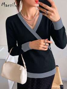 Plus Size Women Fall Winter Wrap V Neck Color Block Button Knit Sweater, Slim Fit Long Sleeve Pullover For Commute Date Daily Outing - Black - View 3