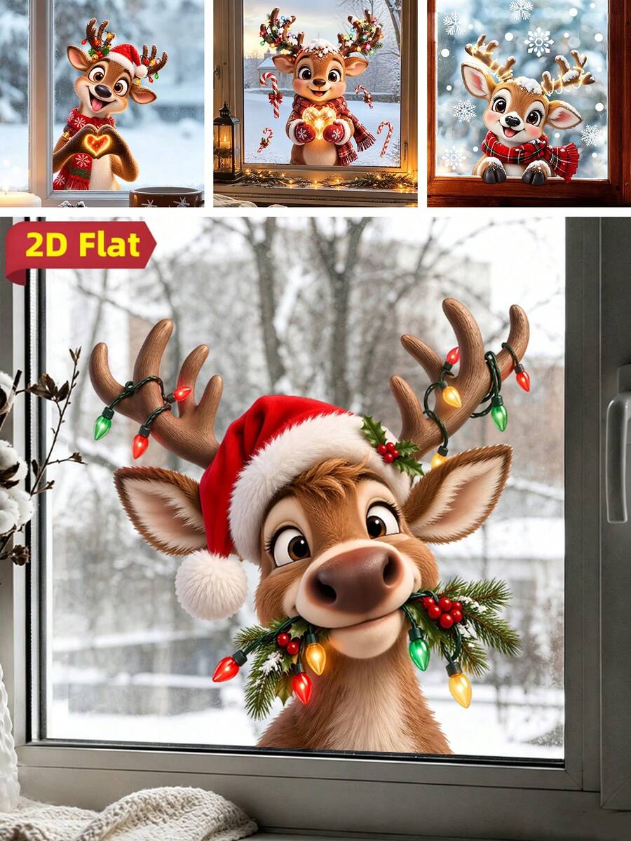 1Pc Cute Reindeer Christmas Window Clings Static Decals Santa Hat String Lights Kids Room Holiday Decor Window Decals - Multicolor - View 1