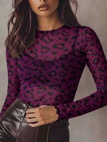 Women Purple Leopard Print Mesh Long Sleeve Top, Crew Neck Sheer See Through Slim Fit Shirt, Casual Layering Tee - Multicolor - View 1