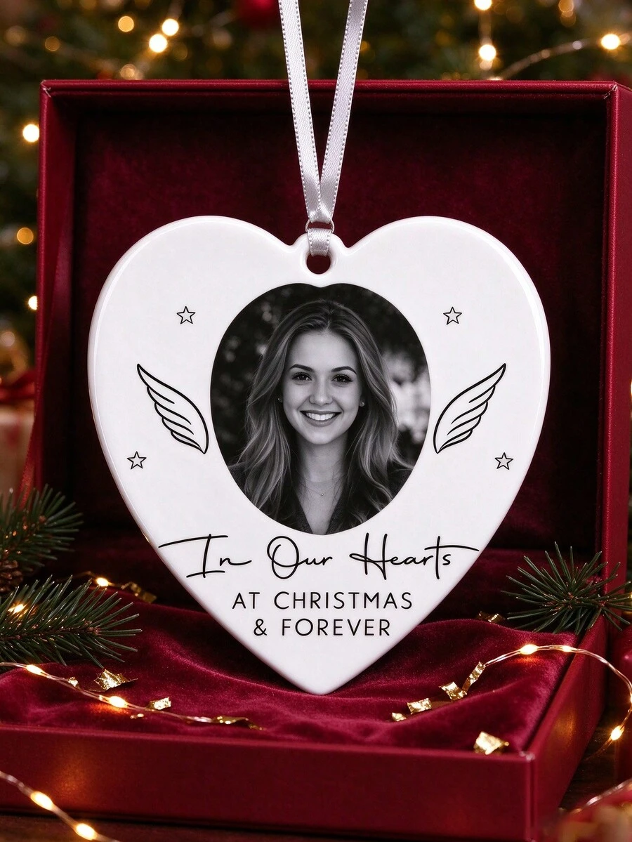 2026 Customized Photo Round Ceramic Hanging Ornament, Angel Wings With White Ribbon, Forever In My Heart, Family Memorial Condolence Gift, DIY Commemorative Christmas Tree Decoration - Multicolor - View 1