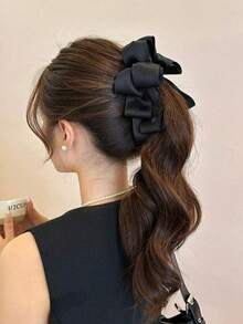 1pc Women's Glossy Satin Multi-Layer Bow Banana Hair Clip, Fashionable Elegant Hair Accessory, Suitable For Various Occasions - Black - View 1