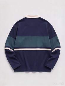 Men's American Vintage Navy Blue Colorblock Long Sleeve Rugby Polo Shirt, Cream Collar Colorblock Patchwork Loose Casual Top - Navy Blue - View 4