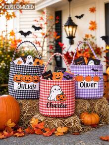 Customized Name Halloween Trick Or Treat Bucket, Orange Plaid Portable Candy Basket, Personalized Text, Halloween Party Gift Candy Bucket - Multicolor - View 2