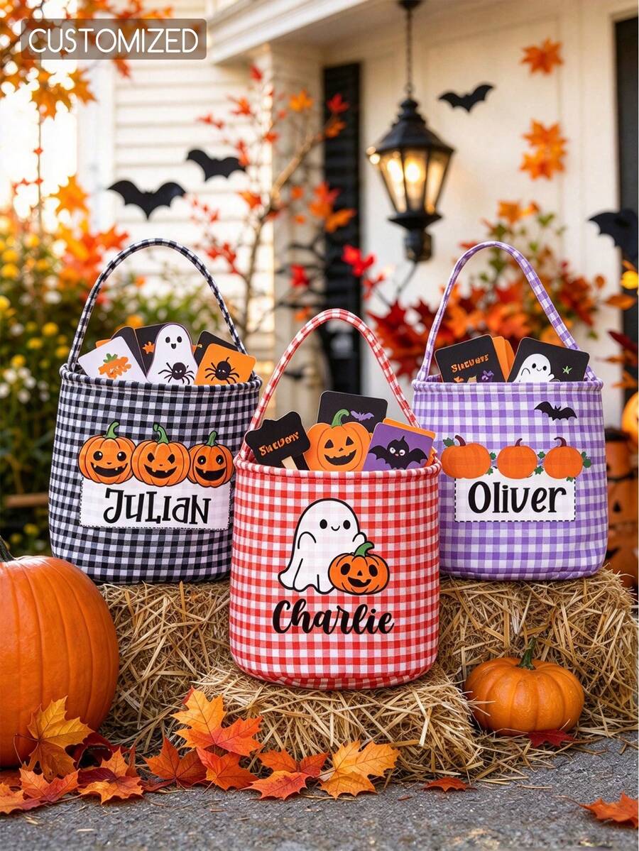 客製化姓名萬聖節 Trick Or Treat 糖果桶,橘色格紋便攜糖果籃,可客製文字,萬聖節派對禮物糖果桶 - 彩色 - 查看 1
