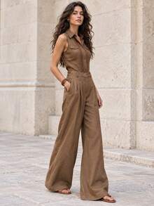 Women's Brown Sleeveless Collared Top And High-Waisted Wide-Leg Pants 2 Pieces Set, Slim Fit Waist, Loose Drape Pants, Suitable For Late Summer/Early Autumn Commuting, Vacation And Daily Wear - Mocha Brown - View 6