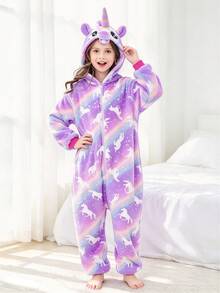 Tween Girl Purple Unicorn All-Over Print Zipper Casual Daily Home One-Piece Long Pants Pajamas - Multicolor - View 5