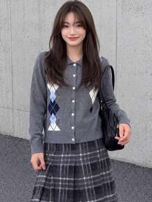 女款不對稱菱格紋設計翻領針織外套，適合秋冬季節 - 灰色 - 查看 1