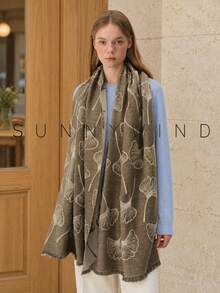 1pc Women's Ginkgo Leaf Pattern Casual Commute Daily Versatile Polyester Scarf, Suitable For All Seasons - Khaki - View 3