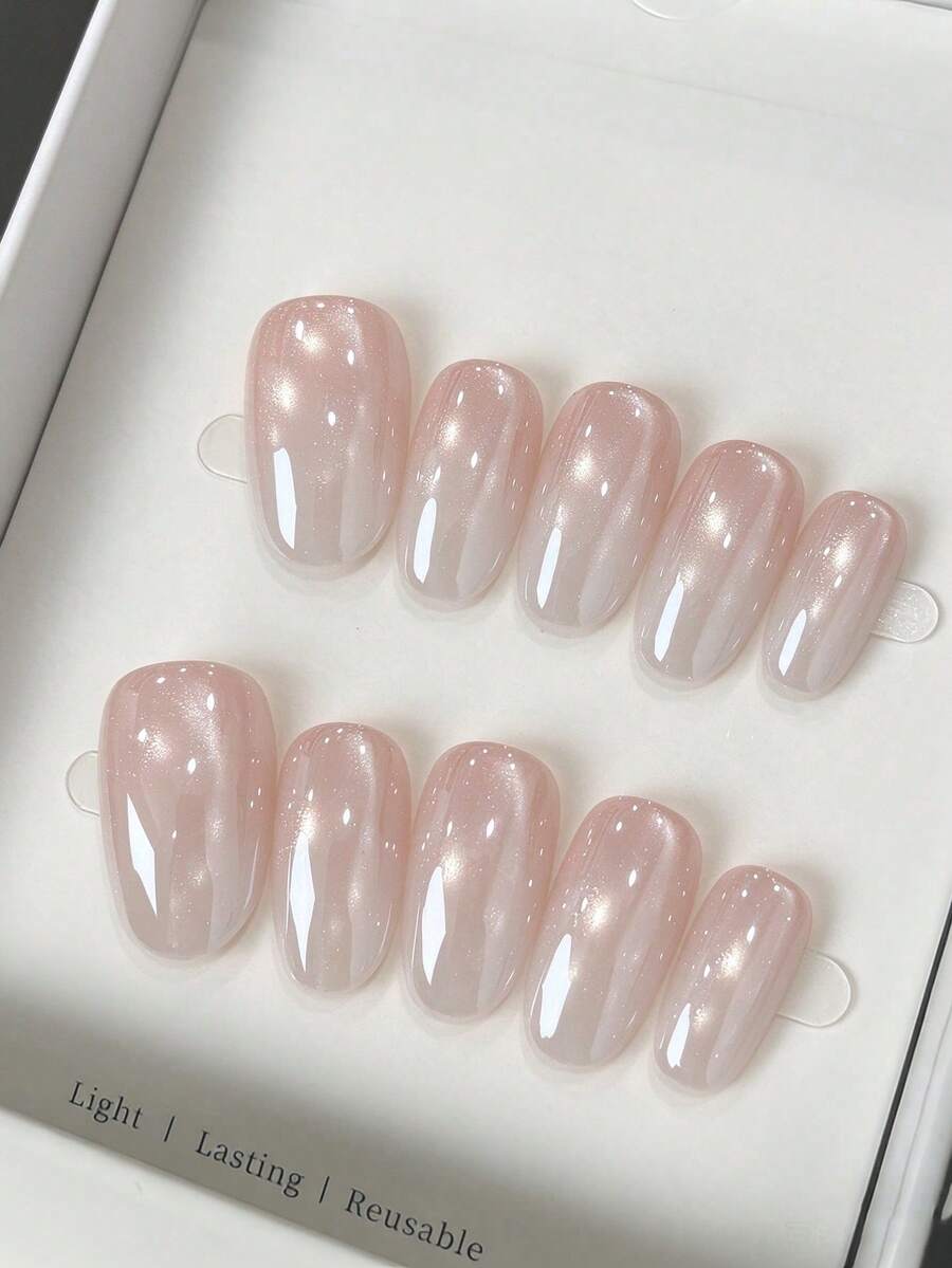 10pcs/Set Oval Handmade Press-On Nails, Nude Pink Gradient Glass Bead ...
