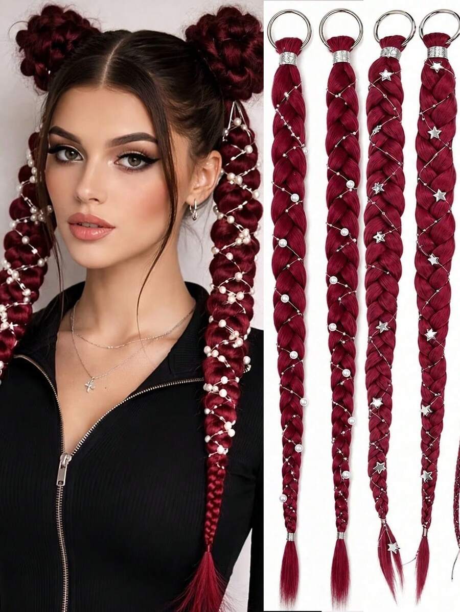 2 Packs 24 Inch Y2K Style Synthetic Long Braided Hair Extensions With Silver Star Decor, Soft Colorful Holiday Cosplay Party Hair Extensions For Women And Girls - Multicolor - View 1