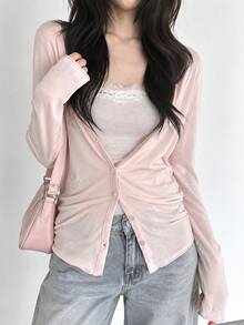 Solid Color Romantic Single-Breasted Thin Cardigan - Pink - View 1