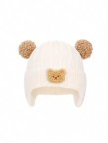1pc Cute Bear Ear Protection Knitted Baby Hat, Winter Outdoor Style, Thickened Warm Knitted Knitted Hat, Flip Earflap Design, With Pom Pom, Comfortable Soft Elastic Hat - 1PC - View 8