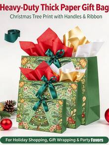 Heavy-Duty Thick Paper Christmas Gift Bags With Handles & Ribbon, Christmas Tree Print Holiday Party Bags For Gift Wrapping, Holiday Shopping, Christmas Celebrations And New Year Events - Multicolor - View 9