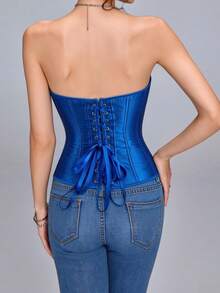 Vintage Court Style Satin Corset Top, Waist-Cinching Body-Shaping Bustier, Sexy Bust-Lifting Bodice, Women's Halloween Costume, Role Play, Blue Corset Top - Blue - View 6
