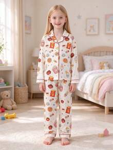 Big Girls Cute Snack Print Button Front Long Sleeve Pajama Set, 2-Piece Lapel Top + Pants, Soft Loungewear, Suitable For Spring, Autumn, Winter Home Wear - Multicolor - View 9