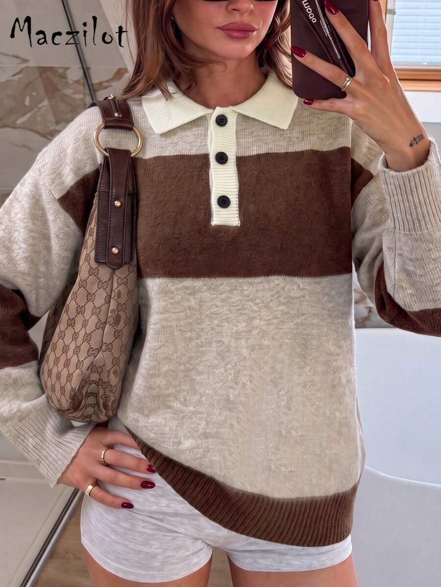 Plus Size Women Fall Winter Color Block Polo Collar Sweater, 3-Button Long Sleeve Pullover, Casual Commute Date Outfit - Multicolor - View 1