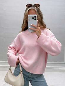 FOR BEAUTY Fall Winter Women Sweaters Elegant Casual Y2K Pink Round Neck Drop Shoulder Oversized Loose Fit Pullover Ribbed Knitwear Top - Pink - View 1