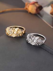 1pc Cute Beautiful Gold & Silver Dual-Color Butterfly Floral Ring, Vintage Hollow Butterfly Design, Suitable For Holiday & Daily Wear, Perfect Gift Choice - Butterfly - View 4