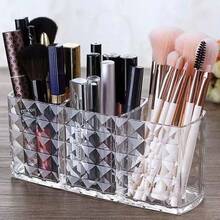 Transparent Crystal-Like Cosmetic Storage Box, 3-Compartment Makeup Brush Holder Desktop Organizer, Diamond Pattern Minimalist Design, Can Store Lipstick, Eyeliner, Eyebrow Pencil, Makeup Brushes, Makeup Vanity Tidy Storage Item - Clear - View 8