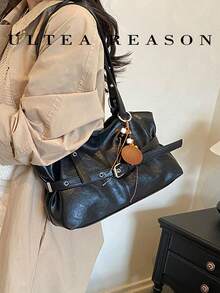 1pc Solid Color PU Leather New Women's Backpack, Shoulder Bag, Tote Bag, Fashion Square Handbag, Zipper Closure, Double Handles, Suitable For Commuting, Shopping, Dating - Black - View 4