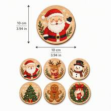 6pcs Christmas Coasters, Cute Cartoon Wooden Coasters, Patterns Include Santa Claus, Reindeer, Snowman, Gingerbread Man, Christmas Tree And Wreath, Christmas Home Decor, 2D Flat - View 6