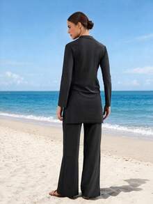 VFJ Women's Casual High Elasticity Round Neck Long Sleeve Modest Swimsuit Set, Includes High Waist Swim Bottoms, Suitable For Elegant Swimming - Black - View 4