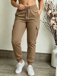 Spring/Autumn New Plus Size Women's Fashion Elegant Versatile Solid Color Minimalist Pocket Elastic Waist Drawstring Cargo Pants, Lightweight Polyester Slightly Stretchy Soft Fabric - Khaki Brown - View 2
