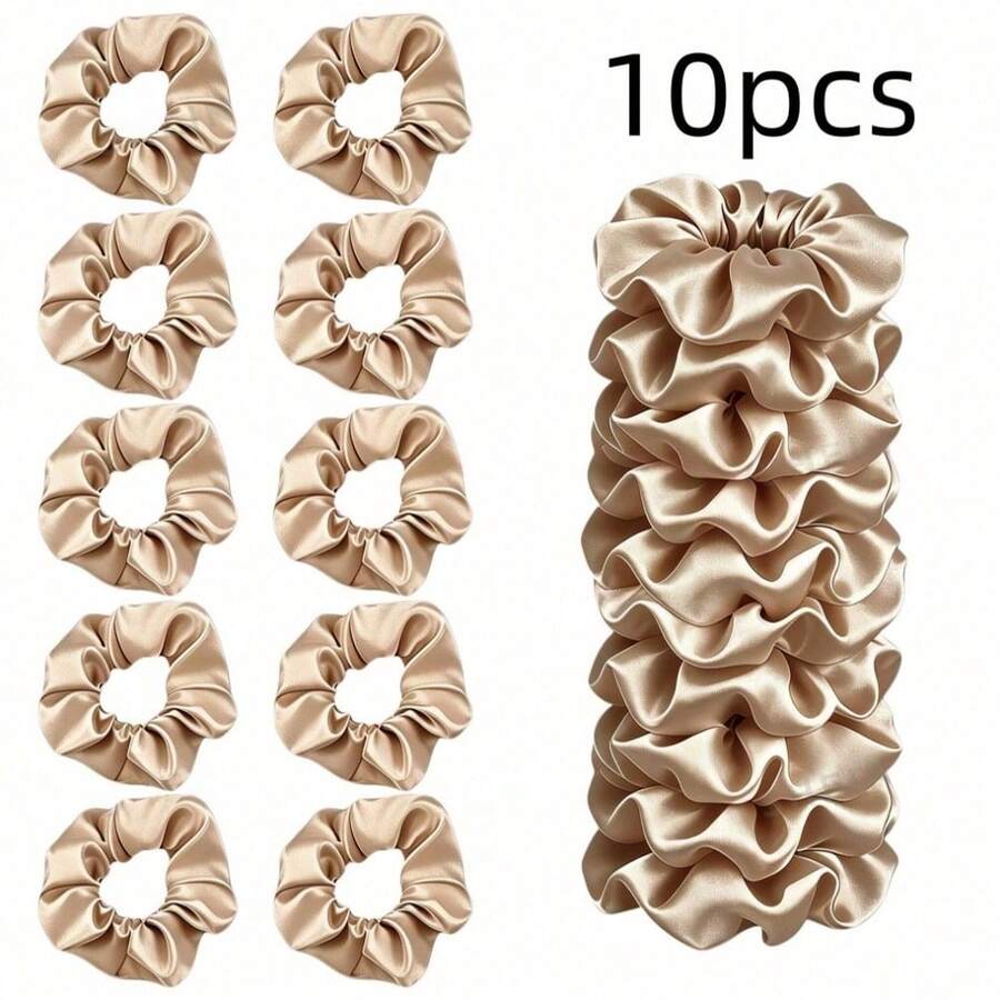 5/10/20 Pieces Of Khaki Ladies Elegant Solid Color Satin Hair Ring, Suitable For Daily Use, Sports, Vacation, Suitable For Curly Hair Accessories - Khaki - View 1