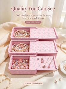 3pcs/1pc Pink Floral Embossed Sliding Lid Jewelry Storage Box, Aesthetic Desktop Trinket Organizer, Holder For Necklaces, Earrings, Rings & Pearls, Cute Home Decor & Gift For Women Girls - Multicolor - View 1