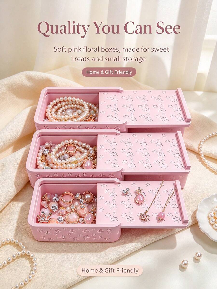 3pcs/1pc Pink Floral Embossed Sliding Lid Jewelry Storage Box, Aesthetic Desktop Trinket Organizer, Holder For Necklaces, Earrings, Rings & Pearls, Cute Home Decor & Gift For Women Girls - Multicolor - View 1